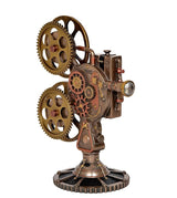 Resin steampunk projector statue angled view, brass gears and mechanical panel details