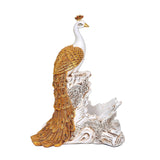 Polyresin peacock jewelry holder, gold feather details on white peacock with carved base