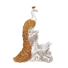 Polyresin peacock jewelry holder, gold feather details on white peacock with carved base