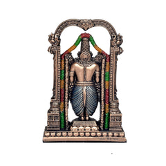 Back view of Tirupati Balaji polyresin sculpture with arched frame and pedestal base