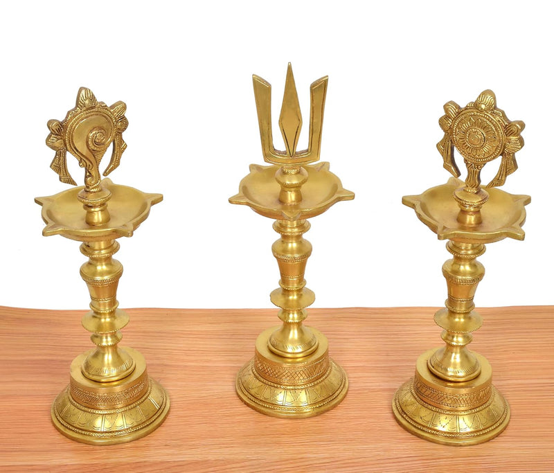 Brass Traditional Diya Shankh, Chakra, Naama Oil Lamp Tirupati Balaji Symbol (Height 12 Inch)