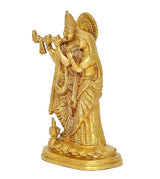 Radha Krishna brass idol statue, profile view with flute and draped garments