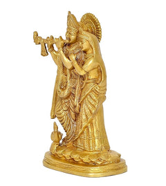 Radha Krishna brass idol statue, profile view with flute and draped garments