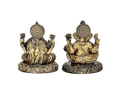 Back view brass Lakshmi and Ganesh sitting idols, decorative crowns