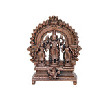Copper Vishnu with Shridevi and Bhudevi, detailed arch backdrop, three figures