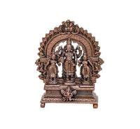 Copper Vishnu with Shridevi and Bhudevi, detailed arch backdrop, three figures