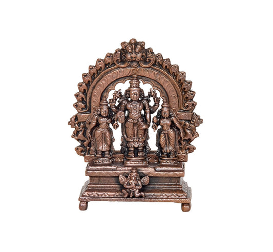 Copper Vishnu Shridevi and Bhudevi Statue for Home Temple Office Mandir, (Height: 3 Inch)