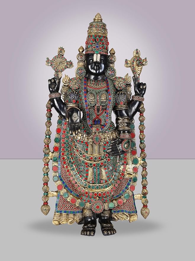 Multicolour brass Tirupati Bala Ji idol statue with ornate crown and four arms