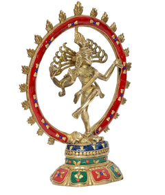 Brass Nataraj Lord Shiva showpiece in red oval frame with blue, green and red skirt