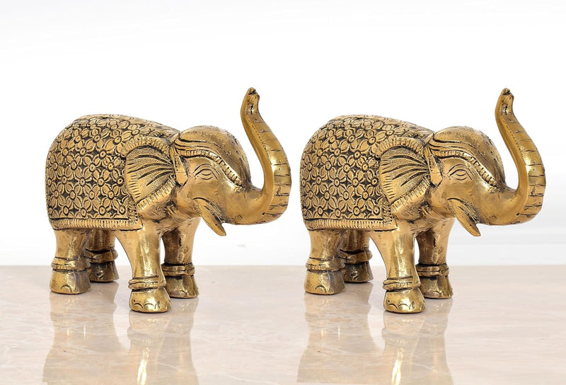 Brass Elephant Figurine - Decorative Statue for Home Decor, Feng Shui, and Good Luck |Pack of 2| (Height 5 Inch)