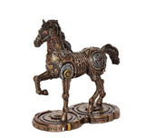 Mechanical resin horse statue side view, intricate metal-like plating and gear discs