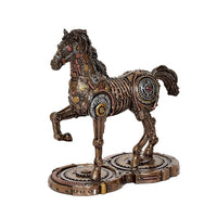 Mechanical resin horse statue side view, intricate metal-like plating and gear discs