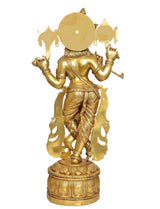 Krishna brass statue playing flute, back view with large round panel and carved drape