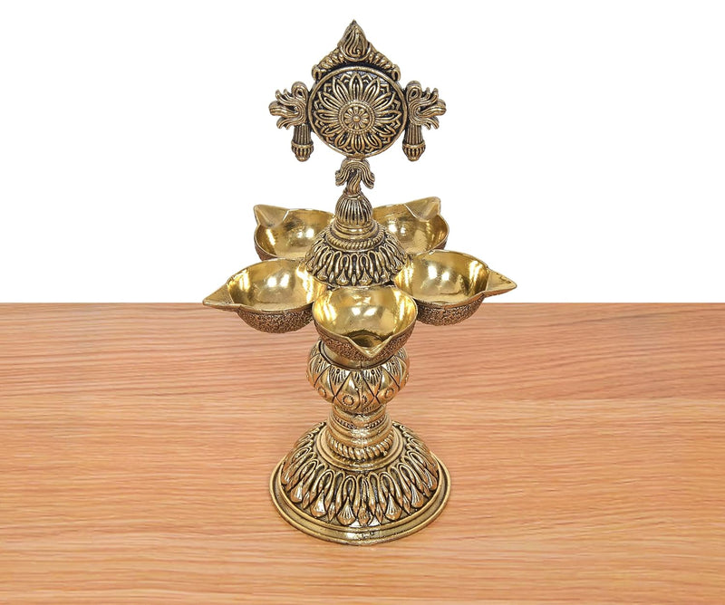 Bronze Oil Lamp Five Diya Lamp Stand (Height: 8 inch)