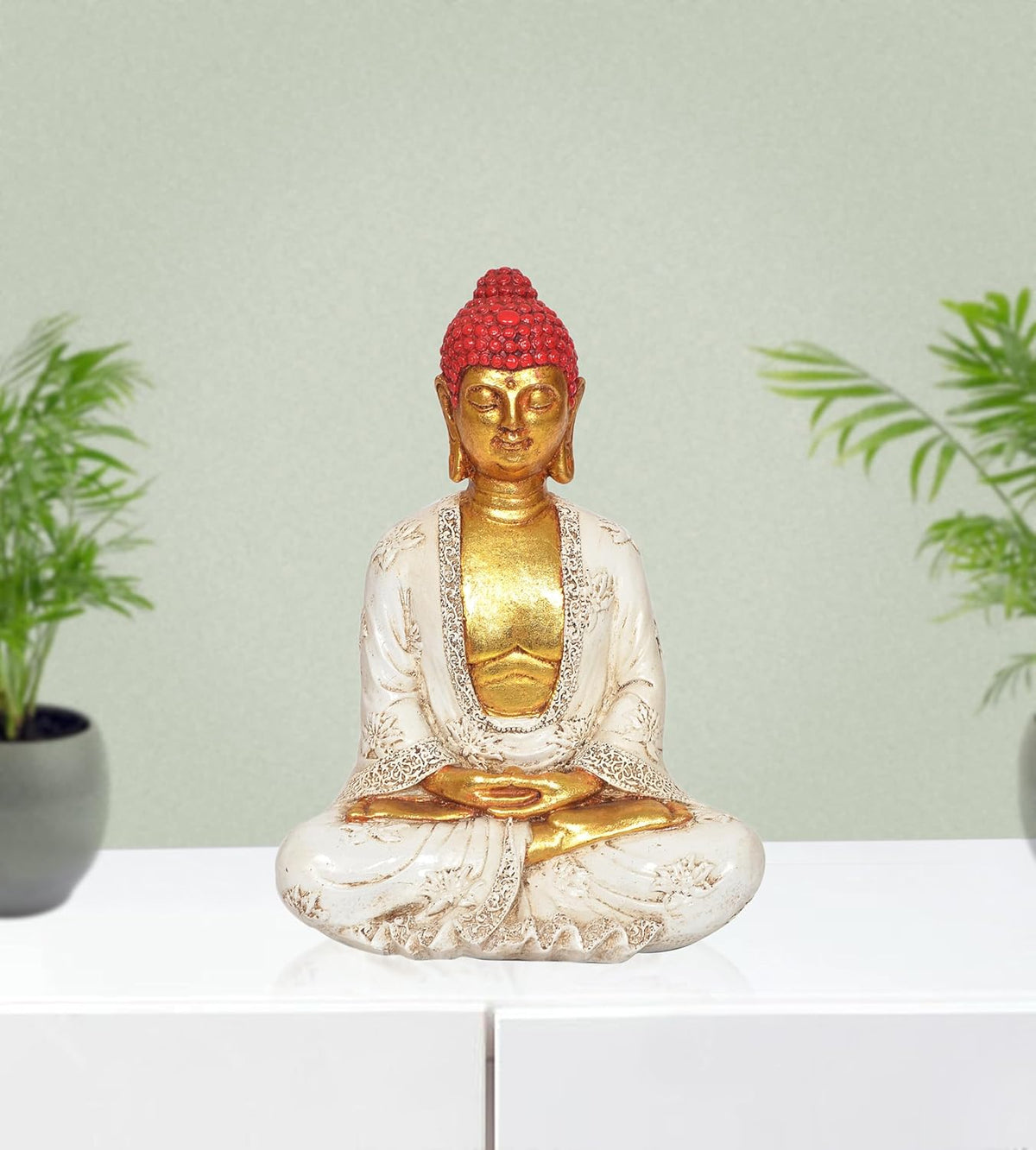 AONA Buddha-Statue im Lotussitz: roter Kopf, goldenes Gesicht, weiße & goldene Robe