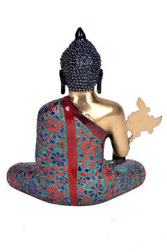 Rear view Buddha sculpture, brass tone seated cross-legged in Bhumisparsha pose, patterned robe