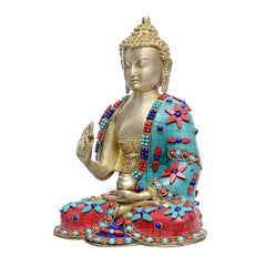 Brass Buddha figure, multicolour floral stonework robe, seated with one hand raised