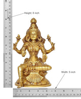 Brass Lakshmi statue with size markers: 8 in height, 5 in width, seated lotus base