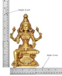 Brass Lakshmi statue with size markers: 8 in height, 5 in width, seated lotus base