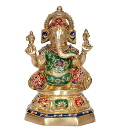AONA Brass Ganesh statue with painted blue, green, red details and raised blessing hand