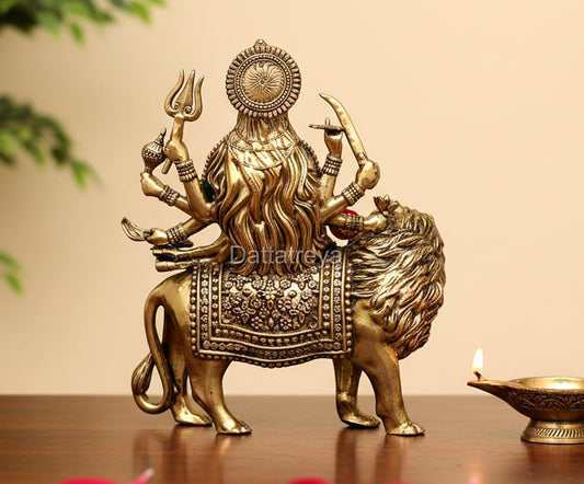 Bronze Durga Maa with Lion Idol (Height: 7.5 Inch)