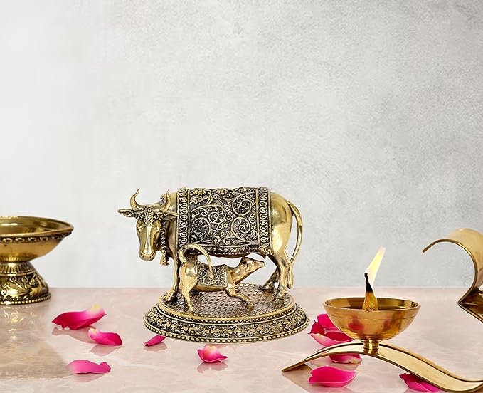 Brass cow with calf pooja mandir decor, ornate saddle, 3.5 in height