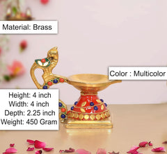 Brass peacock diya with hanging bell, multicolor enamel and red oil lamp bowl