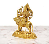 Durga Maa on lion brass statue, golden finish, rear three-quarter view