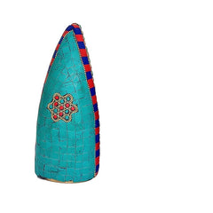 Brass Ganesh statue, side view; turquoise mosaic pattern with red trim, 7.5 in