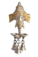 Three-diya wall hanging oil lamp shaped like a gold-and-silver elephant, holding three cups