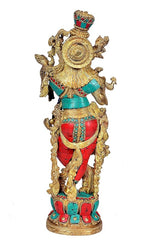 Krishna idol brass back view, circular halo and red-green painted lower garments