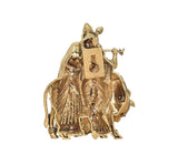 Brass Radha-Krishna with cow sculpture, back view; detailed back panel and cow tail