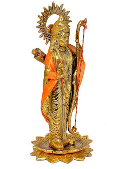 Shree Ram ji metal idol statue close front view, golden face, orange robe, raised bow