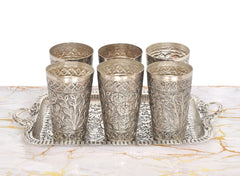 AONA German-silver set: six embossed cups and one ornate tray, leafy floral relief