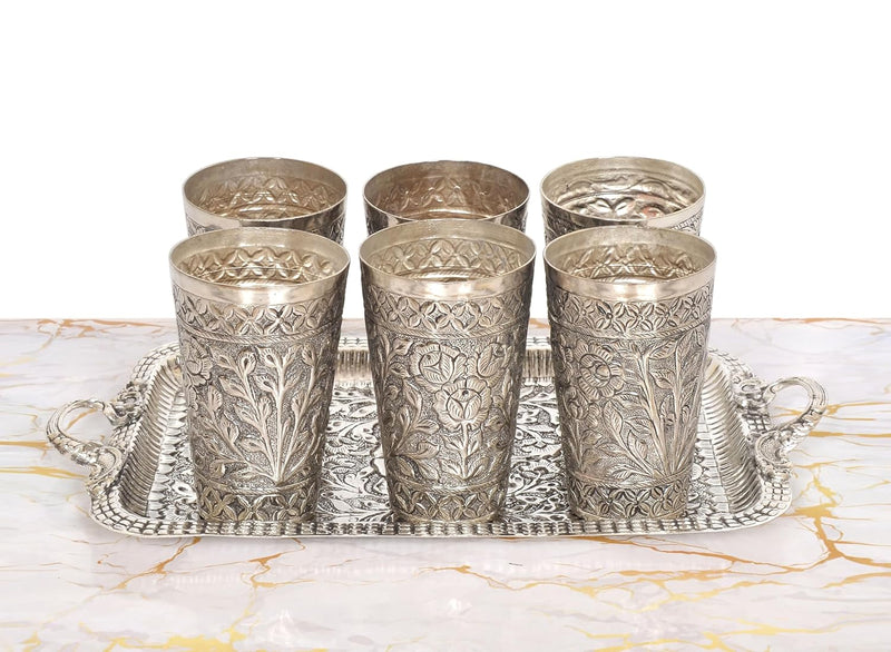 Brass Silver Plated Six Glass and One Tray for Home Kitchen (Height 4.5 Inch)