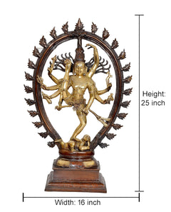 Brass Natraj dancing showpiece, one leg up; dimensions shown: Height 25 in, Width 16 in