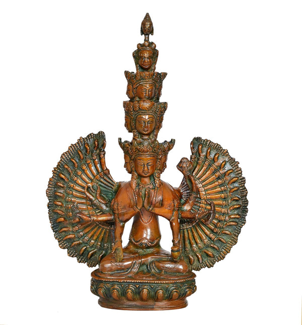 Brass Buddhist Idol Eleven-Headed or Thousand-Armed Avalokiteshvara for Home Decor and Office (Height: 12 Inch)