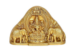 Ornate brass Lakshmi sitting deity idol, detailed crown and halo relief