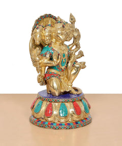 Brass Panchmukhi Hanuman idol, standing pose on round base, multicolor enamel details