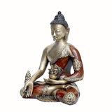 Buddha statue in Bhumisparsha pose, side view, bronze-gold body, brown draped robe