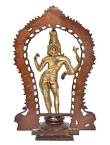 Rear view of brass Ardhanrishvara statue with arched frame and round finial
