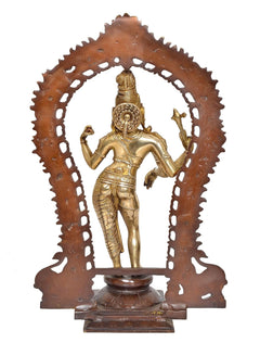 Rear view of brass Ardhanrishvara statue with arched frame and round finial