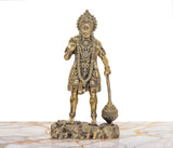 Brass Hanuman Ji figurine with raised hand and mace on base, 12-inch