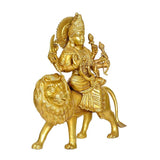 Rear view brass Durga statue on lion, crown and held implements