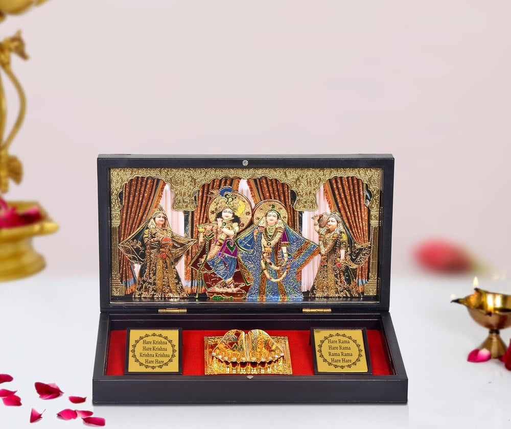 Gold Plated Radha Krishna Photo Frame with Shubh Labh Charan Paduka for Pooja Room, Return Pooja Gift Box Set, (Length : 8.5 inch)