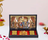 Gold-plated Radha Krishna photo frame gift set, open with 3 deity cards and red tray