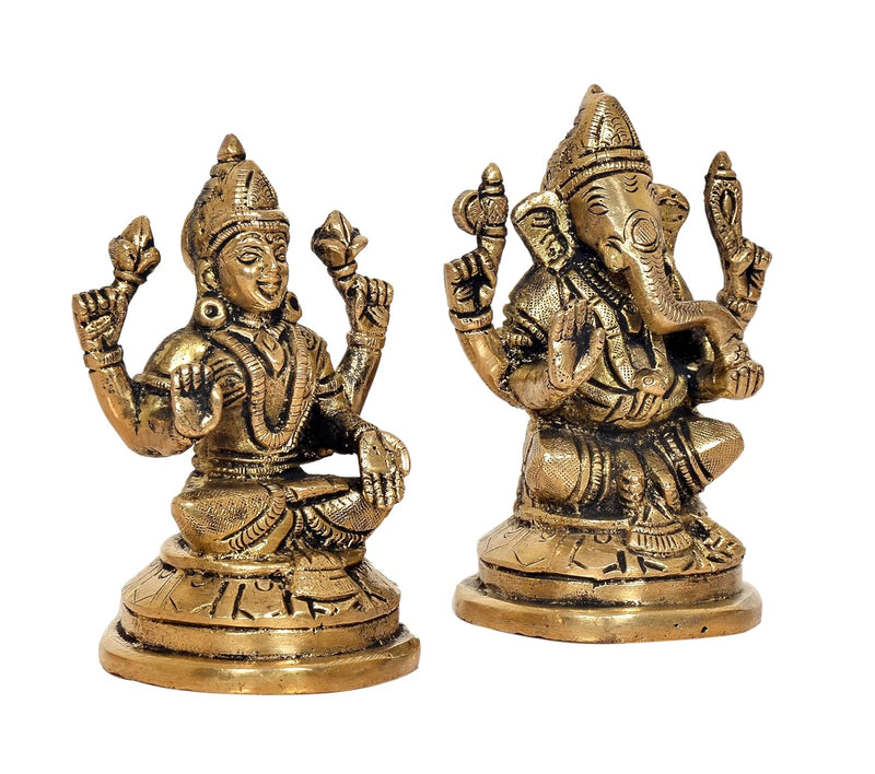 Brass Laxmi Ganesh Statue - Handcrafted Goddess Lakshmi and Lord Ganesha Idol for Home Decor and Pooja - Hindu Deities Figurine (Height 4.5 Inch)