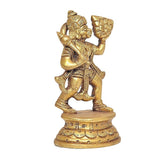 Brass Hanuman Anjaneya idol side view, detailed face and raised arm with mace