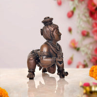 Bal Gopal Krishna laddu idol, dark copper bronze back/side view, 4 inch height