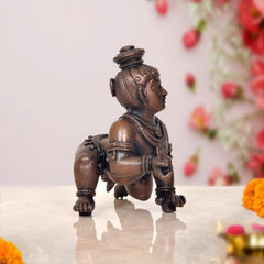 Bal Gopal Krishna laddu idol, dark copper bronze back/side view, 4 inch height